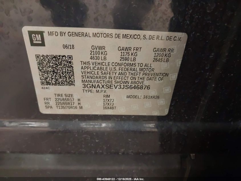 2018 Chevrolet Equinox Lt VIN: 3GNAXSEV3JS646876 Lot: 43948122