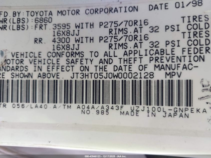 1998 Toyota Land Cruiser VIN: JT3HT05J0W0002128 Lot: 43948123