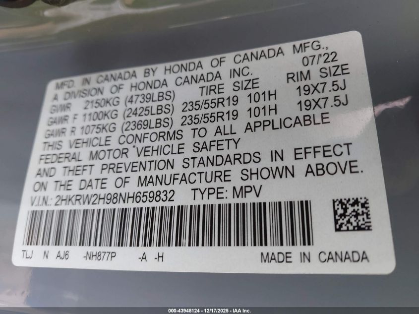 2022 Honda Cr-V Awd Touring VIN: 2HKRW2H98NH659832 Lot: 43948124