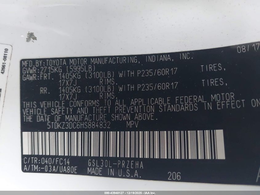2017 Toyota Sienna Le 8 Passenger VIN: 5TDKZ3DC6HS884832 Lot: 43948127