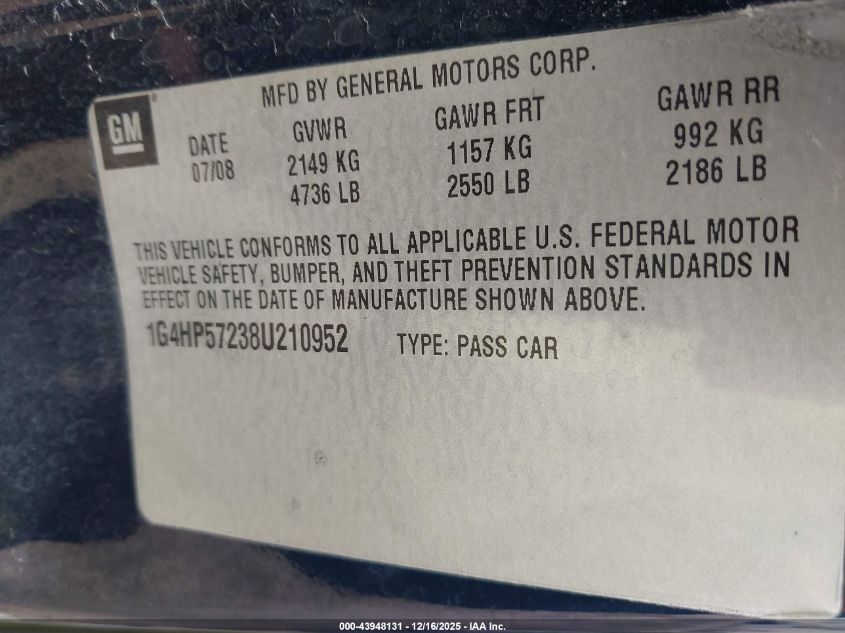 2008 Buick Lucerne Cx VIN: 1G4HP57238U210952 Lot: 43948131