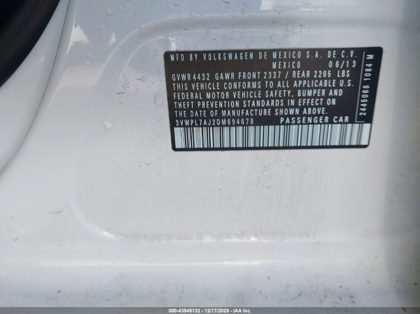 2013 Volkswagen Jetta Sportwagen 2.0L Tdi VIN: 3VWPL7AJ2DM694678 Lot: 43948132