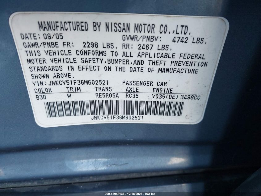 2006 Infiniti G35X VIN: JNKCV51F36M602521 Lot: 43948136