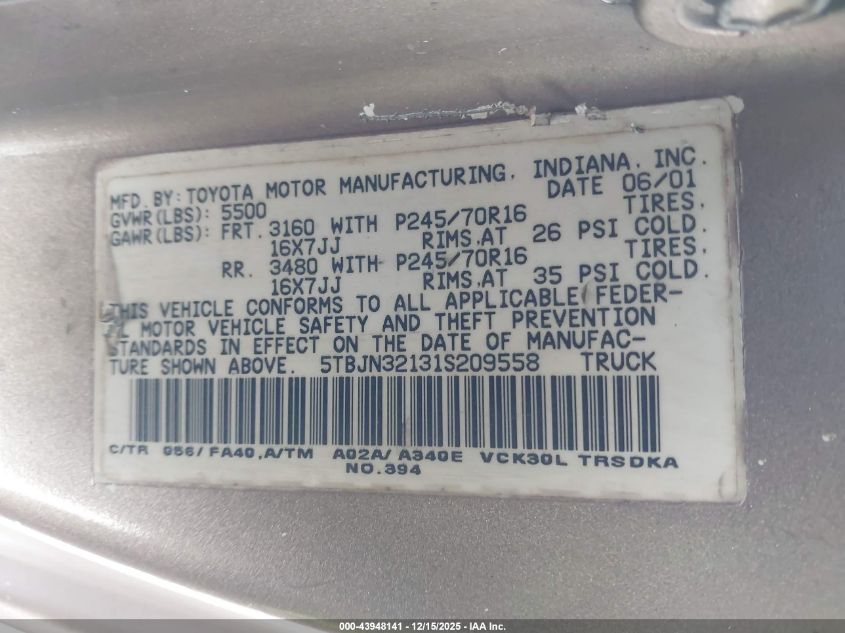 2001 Toyota Tundra VIN: 5TBJN32131S209558 Lot: 43948141