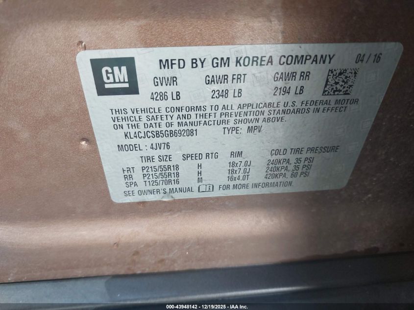 2016 Buick Encore Leather VIN: KL4CJCSB5GB692081 Lot: 43948142