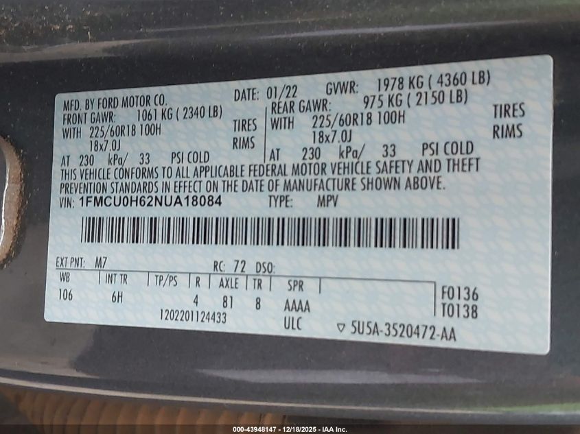 2022 Ford Escape Sel VIN: 1FMCU0H62NUA18084 Lot: 43948147