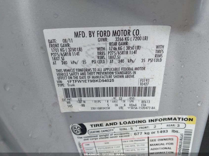 2011 Ford F-150 Fx4 VIN: 1FTFW1ET9BKD94025 Lot: 43948148