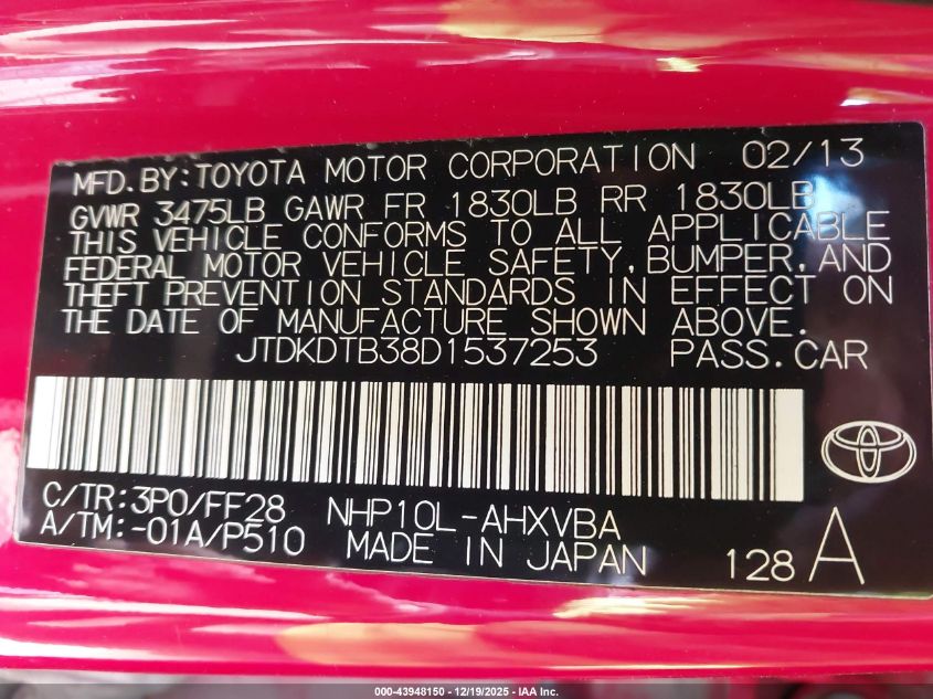 2013 Toyota Prius C Two VIN: JTDKDTB38D1537253 Lot: 43948150