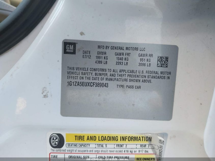 2012 Chevrolet Malibu Ls VIN: 1G1ZA5EUXCF389043 Lot: 43948152