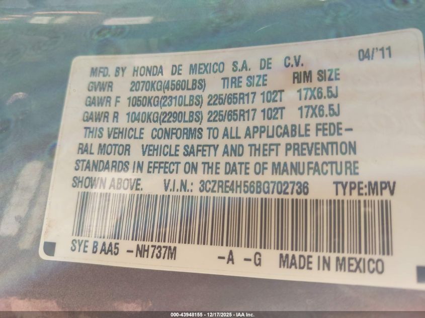 2011 Honda Cr-V Ex VIN: 3CZRE4H56BG702736 Lot: 43948155