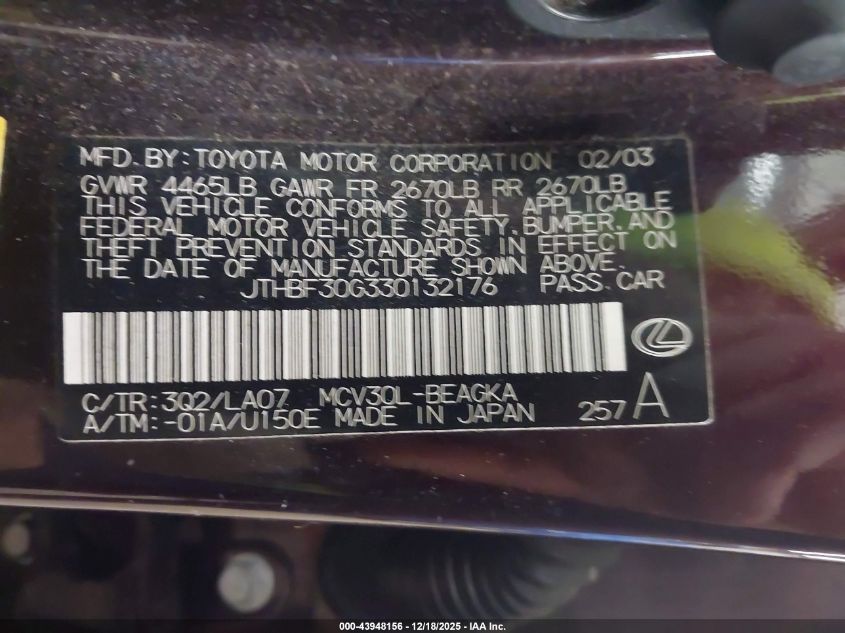 2003 Lexus Es 300 VIN: JTHBF30G330132176 Lot: 43948156