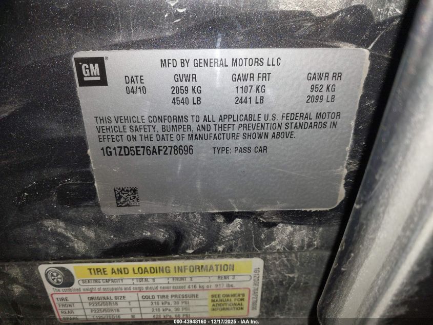 2010 Chevrolet Malibu Lt VIN: 1G1ZD5E76AF278696 Lot: 43948160