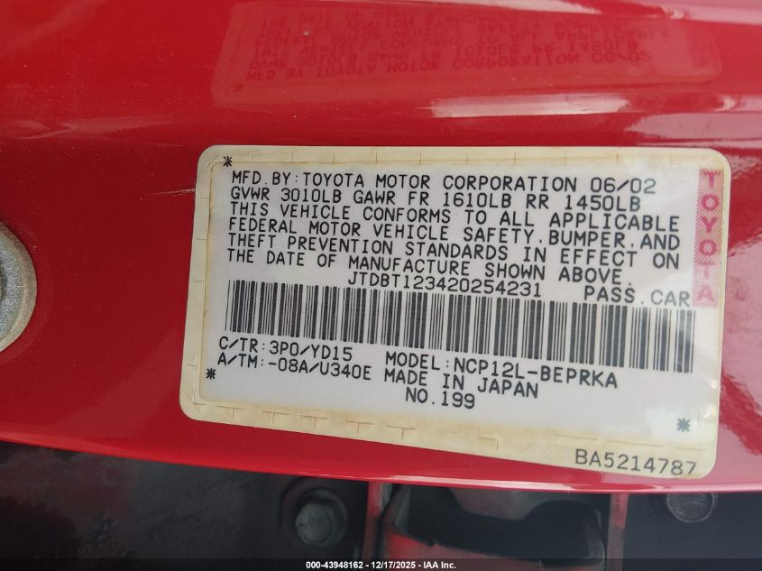 2002 Toyota Echo VIN: JTDBT123420254231 Lot: 43948162