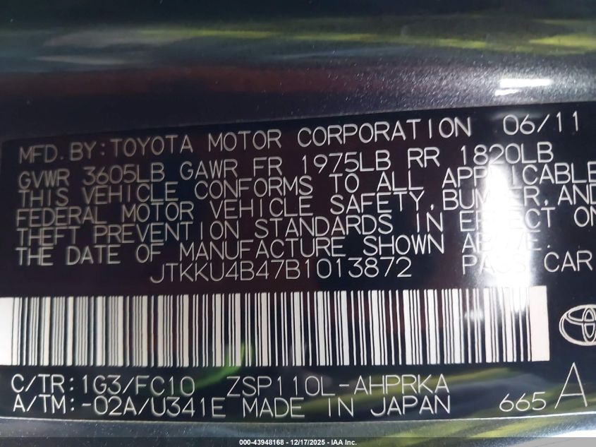 2011 Scion Xd VIN: JTKKU4B47B1013872 Lot: 43948168