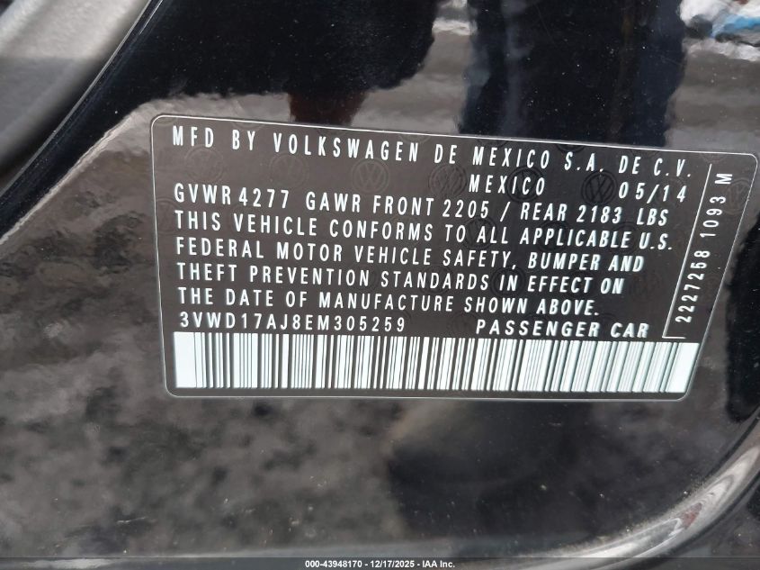 2014 Volkswagen Jetta 1.8T Se VIN: 3VWD17AJ8EM305259 Lot: 43948170