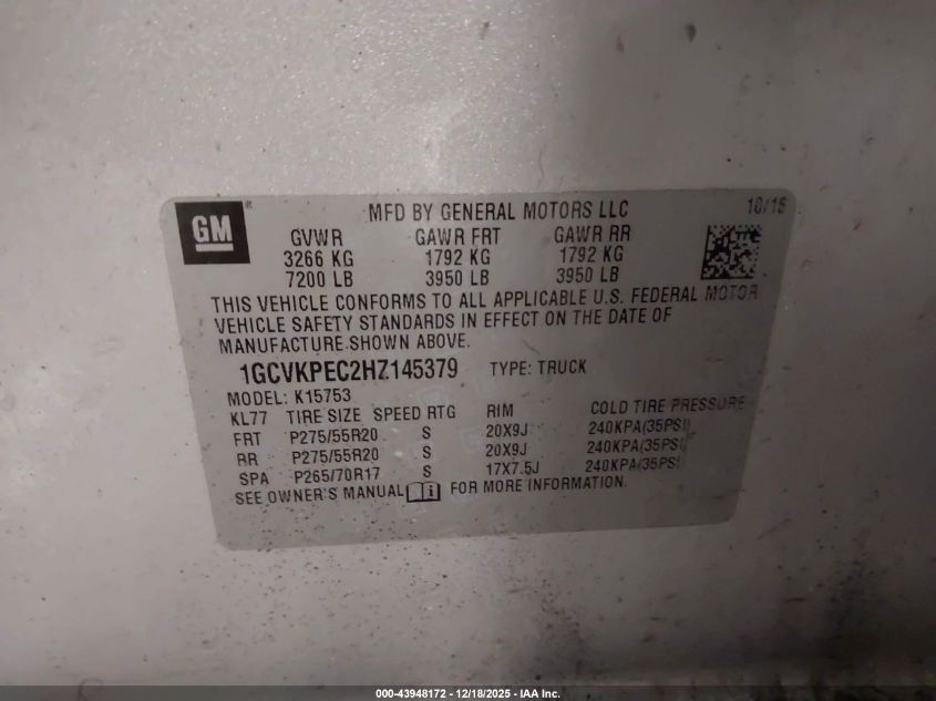 2017 Chevrolet Silverado 1500 Custom VIN: 1GCVKPEC2HZ145379 Lot: 43948172