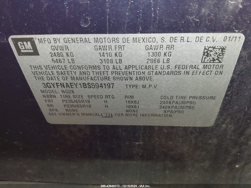 2011 Cadillac Srx Luxury Collection VIN: 3GYFNAEY1BS594197 Lot: 43948173