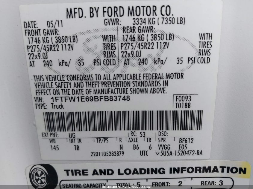 2011 Ford F-150 Lariat Limited VIN: 1FTFW1E69BFB83748 Lot: 43948174