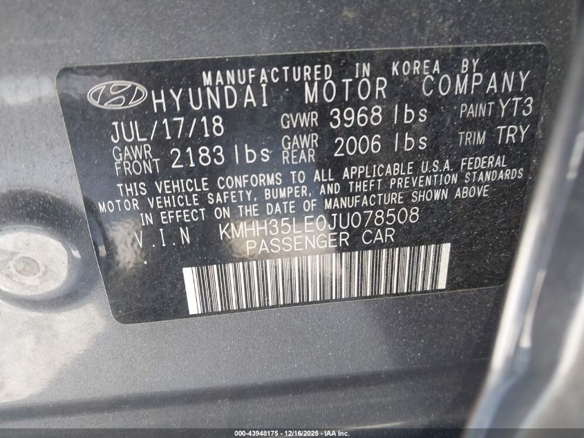 2018 Hyundai Elantra Gt VIN: KMHH35LE0JU078508 Lot: 43948175
