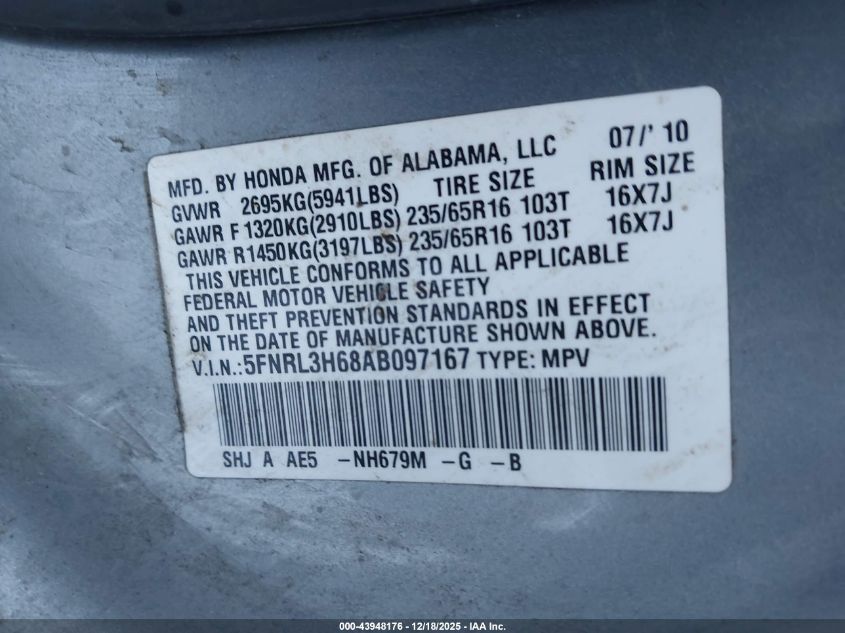 2010 Honda Odyssey Ex-L VIN: 5FNRL3H68AB097167 Lot: 43948176