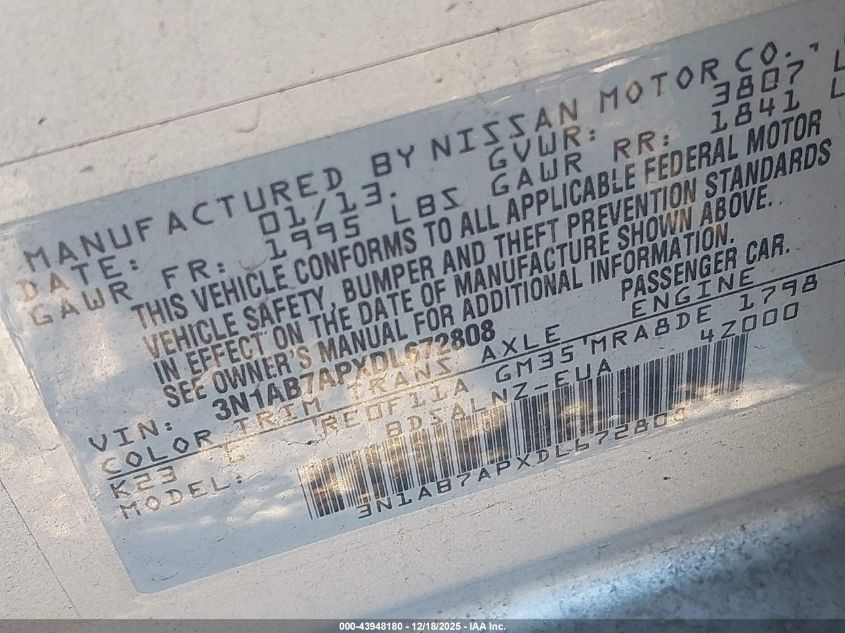 2013 Nissan Sentra Fe+ Sv VIN: 3N1AB7APXDL672808 Lot: 43948180