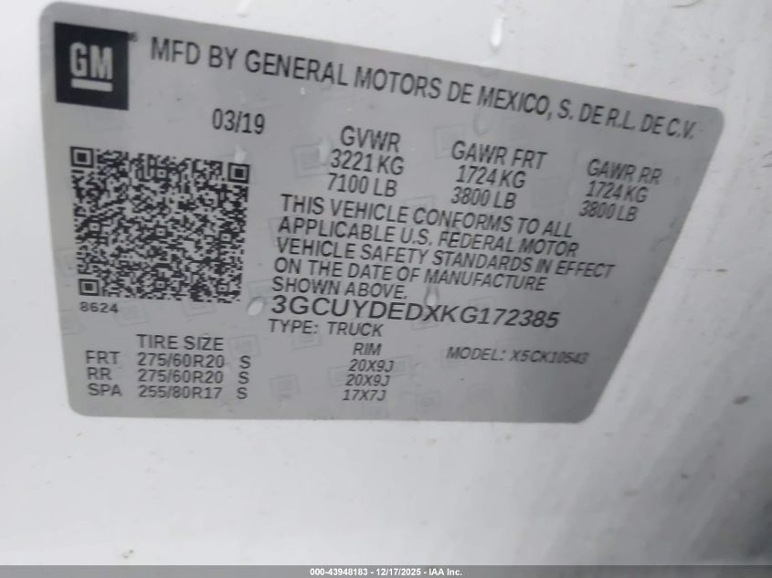 2019 Chevrolet Silverado 1500 Lt VIN: 3GCUYDEDXKG172385 Lot: 43948183