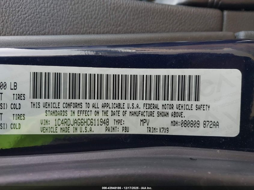 2017 Dodge Durango Sxt Awd VIN: 1C4RDJAG6HC611948 Lot: 43948186