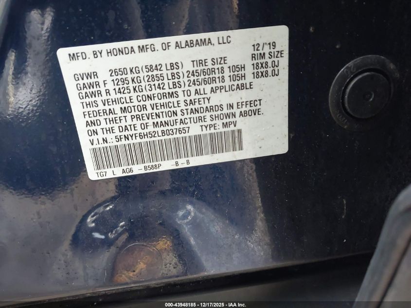 2020 Honda Pilot Awd Ex-L VIN: 5FNYF6H52LB037657 Lot: 43948185