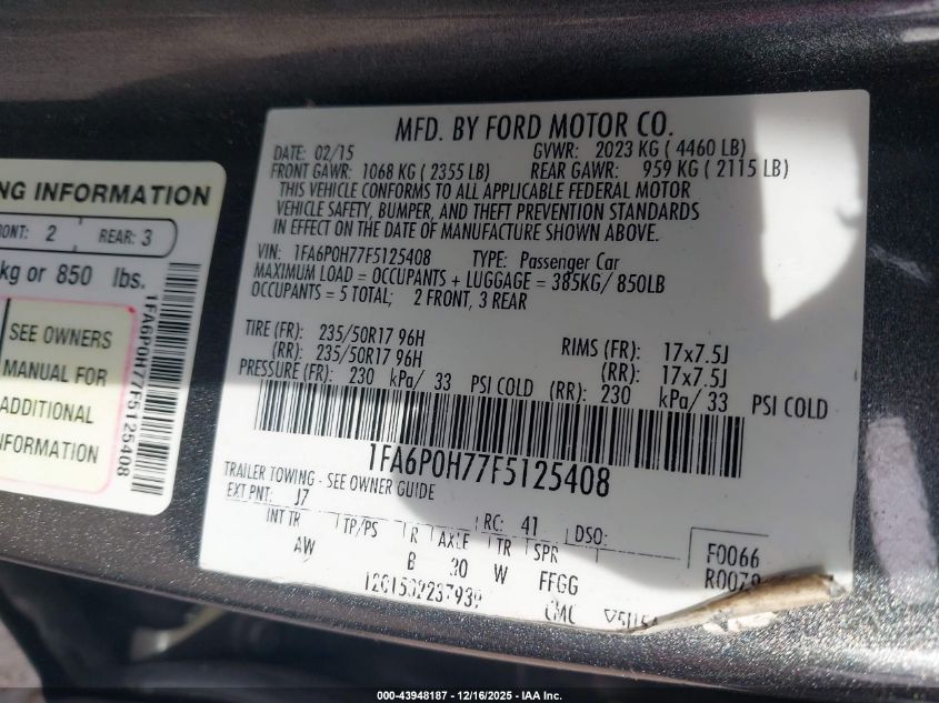 2015 Ford Fusion Se VIN: 1FA6P0H77F5125408 Lot: 43948187