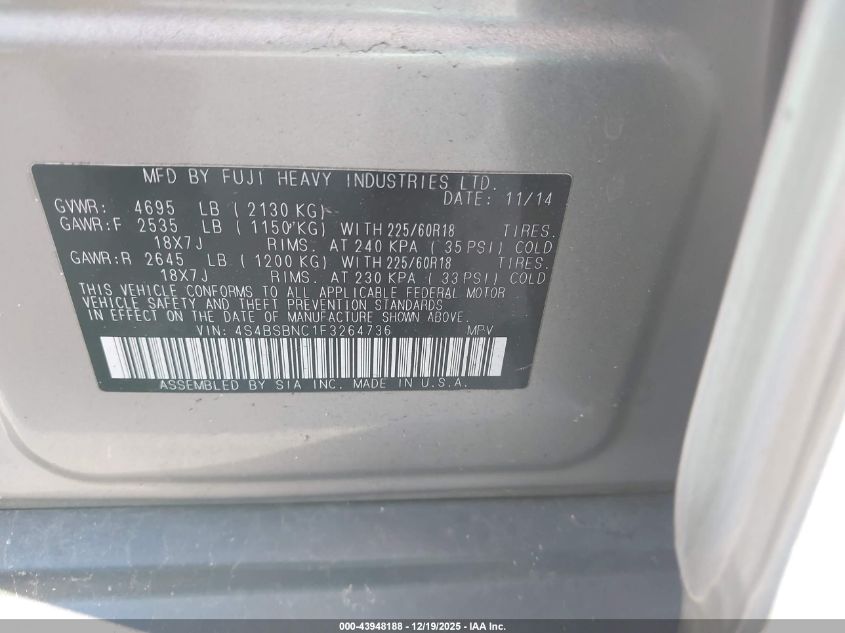 2015 Subaru Outback 2.5I Limited VIN: 4S4BSBNC1F3264736 Lot: 43948188