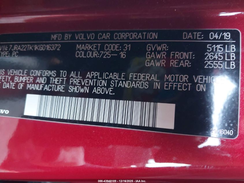 2019 Volvo S60 T6 Momentum VIN: 7JRA22TK1KG016372 Lot: 43948189