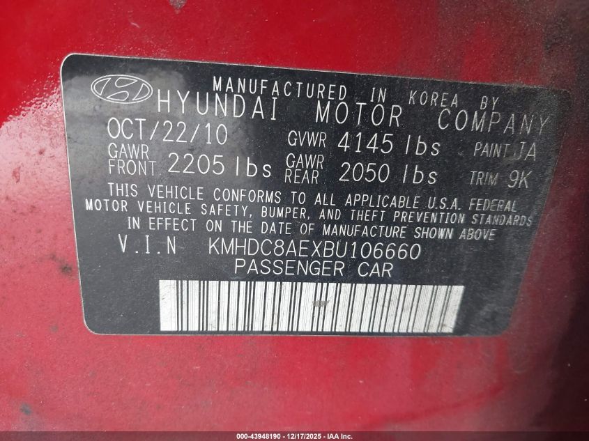 2011 Hyundai Elantra Touring Se VIN: KMHDC8AEXBU106660 Lot: 43948190