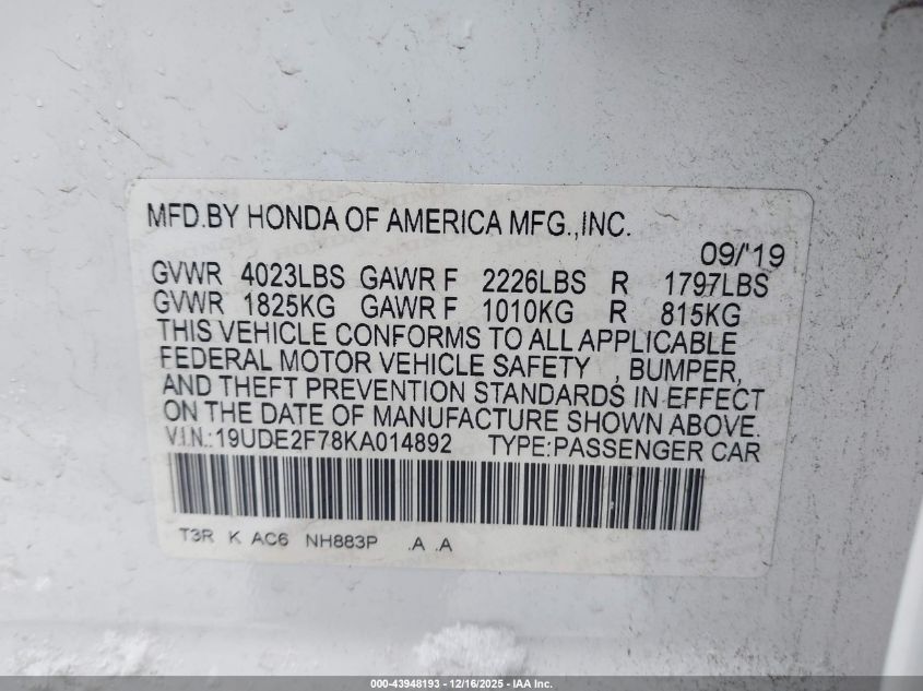 2019 Acura Ilx Premium Package/Technology Package VIN: 19UDE2F78KA014892 Lot: 43948193