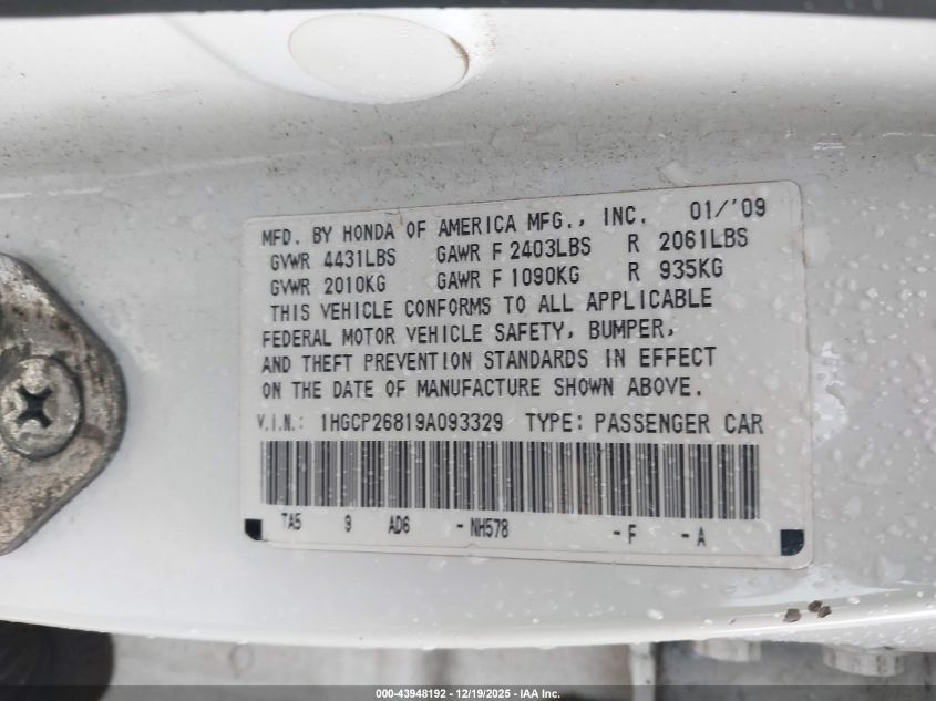 2009 Honda Accord 2.4 Ex-L VIN: 1HGCP26819A093329 Lot: 43948192