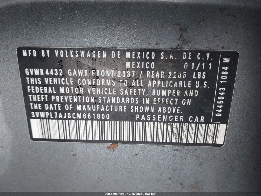 2012 Volkswagen Jetta Sportwagen 2.0L Tdi VIN: 3VWPL7AJ8CM661800 Lot: 43948196