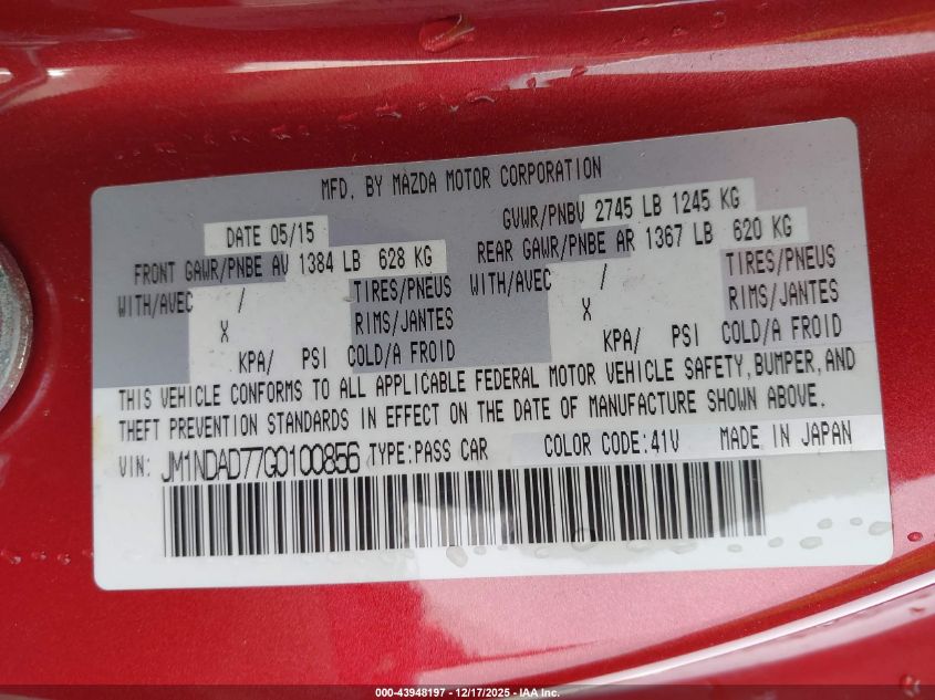 2016 Mazda Mx-5 Miata Grand Touring VIN: JM1NDAD77G0100856 Lot: 43948197