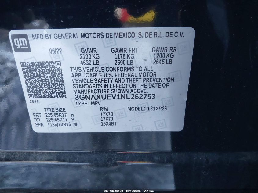 2022 Chevrolet Equinox Awd Lt VIN: 3GNAXUEV1NL262753 Lot: 43948199