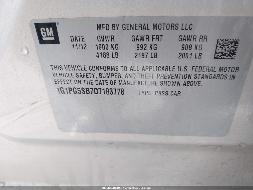 2013 Chevrolet Cruze Ltz VIN: 1G1PG5SB7D7183778 Lot: 43948205