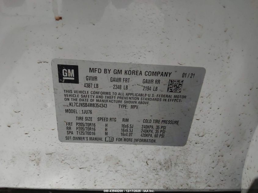 2021 Chevrolet Trax Awd Ls VIN: KL7CJNSB4MB354343 Lot: 43948208