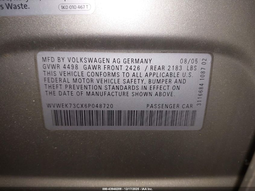 2006 Volkswagen Passat 2.0T VIN: WVWEK73CX6P048720 Lot: 43948209