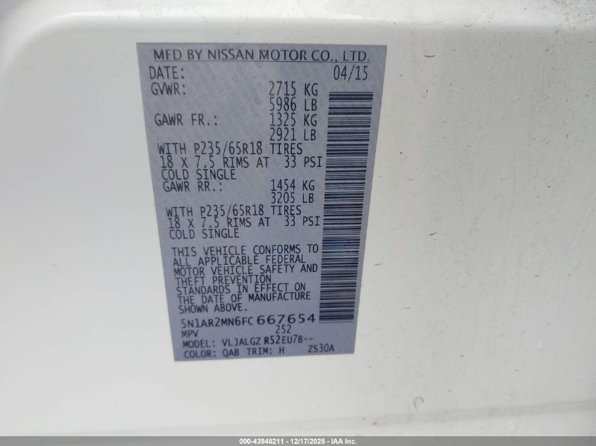 2015 Nissan Pathfinder Sl VIN: 5N1AR2MN6FC667654 Lot: 43948211
