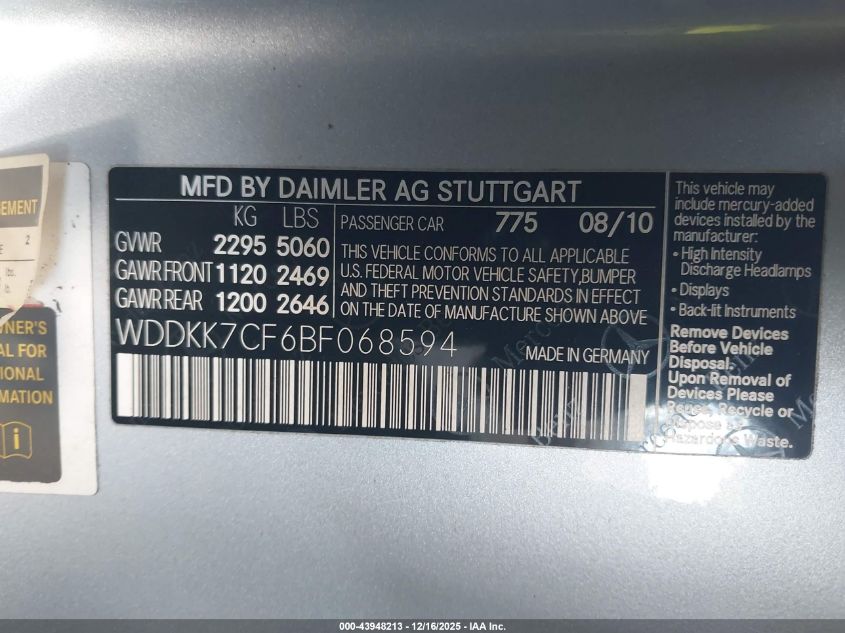 2011 Mercedes-Benz E 550 VIN: WDDKK7CF6BF068594 Lot: 43948213