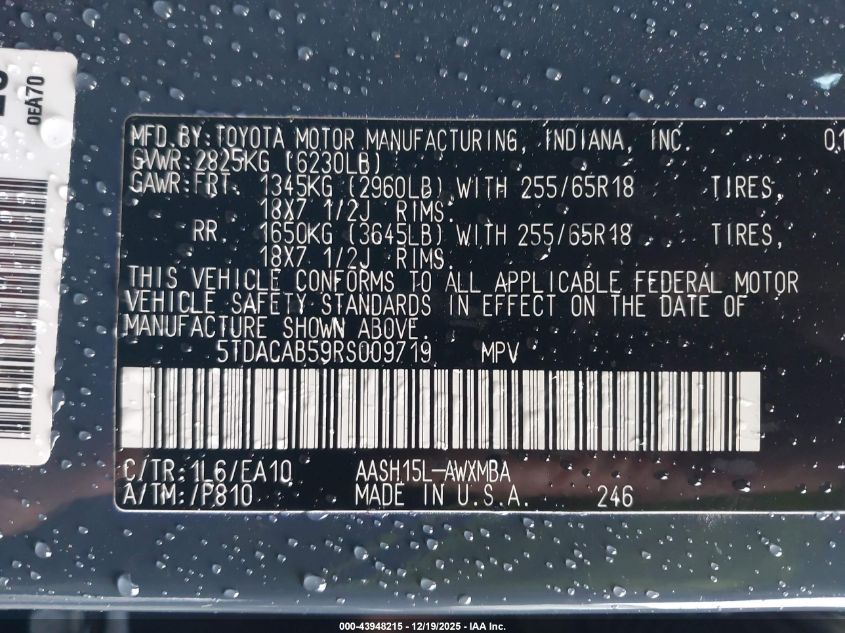 2024 Toyota Grand Highlander Hybrid Xle VIN: 5TDACAB59RS009719 Lot: 43948215