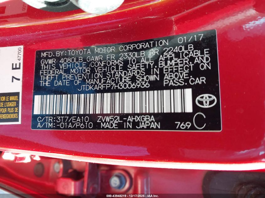 2017 Toyota Prius Prime Advanced VIN: JTDKARFP7H3006936 Lot: 43948219