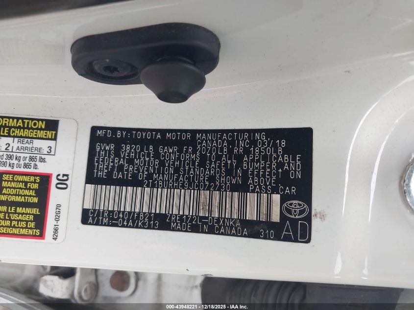 2018 Toyota Corolla Le VIN: 2T1BURHE9JC072730 Lot: 43948221