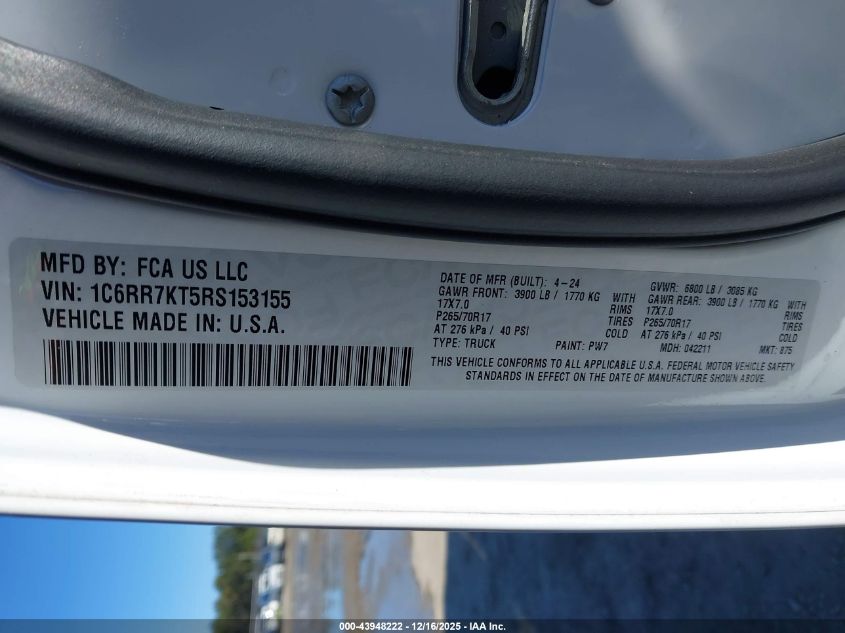 2024 Ram 1500 Classic Tradesman 4X4 5'7 Box VIN: 1C6RR7KT5RS153155 Lot: 43948222