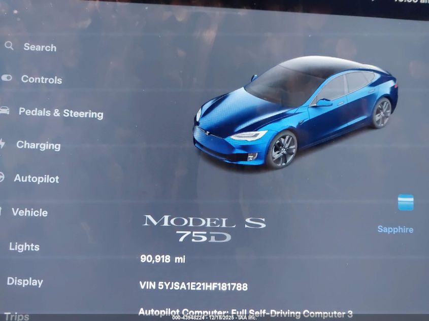 2017 Tesla Model S 100D/60D/75D/90D/P100D VIN: 5YJSA1E21HF181788 Lot: 43948224