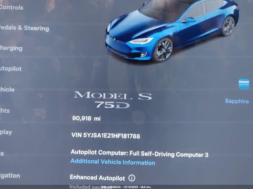 2017 Tesla Model S 100D/60D/75D/90D/P100D VIN: 5YJSA1E21HF181788 Lot: 43948224