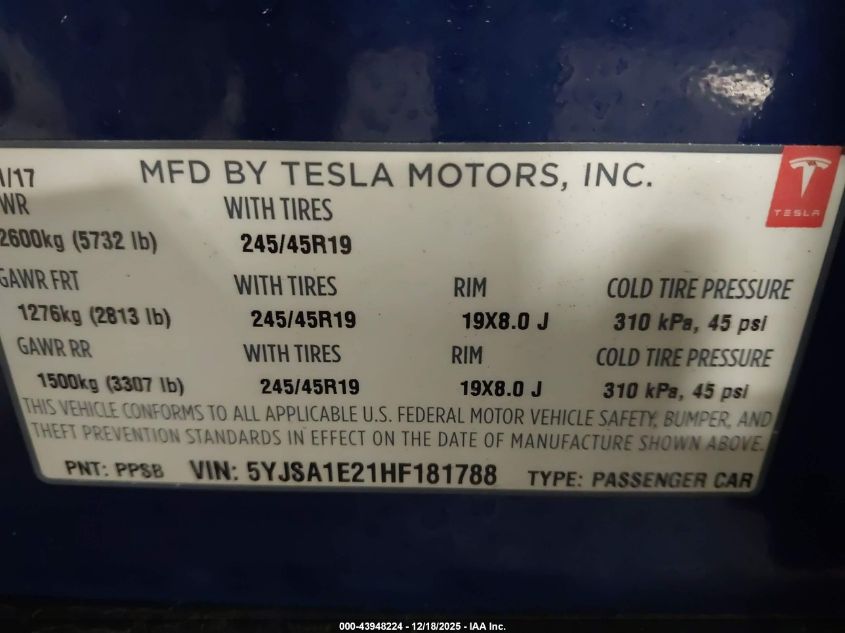 2017 Tesla Model S 100D/60D/75D/90D/P100D VIN: 5YJSA1E21HF181788 Lot: 43948224