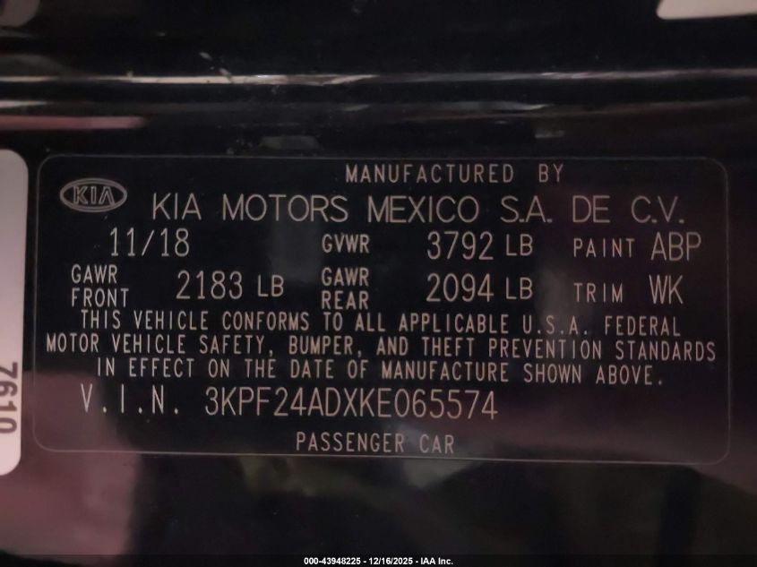 2019 Kia Forte Lxs VIN: 3KPF24ADXKE065574 Lot: 43948225